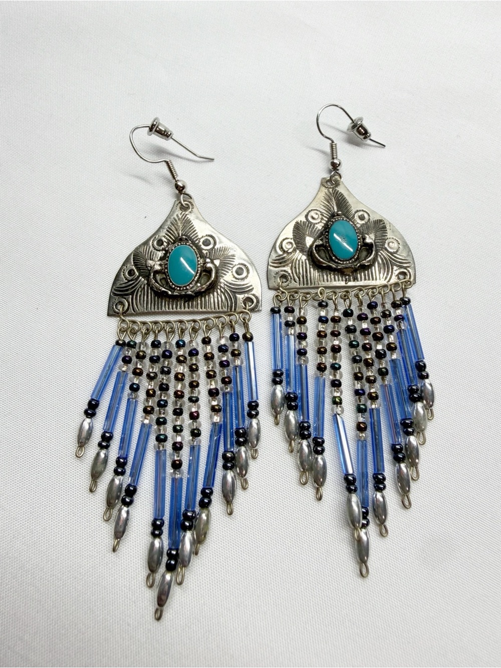 Vintage Handmade Silver Tone Beaded Western Boho Chandelier Earrings